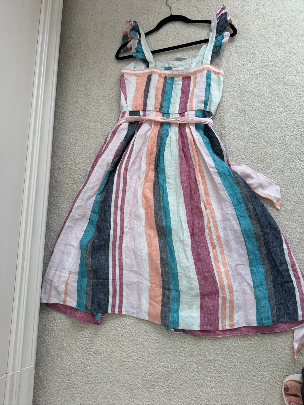 J. Crew Linen Summer Dress Midi Button-up Multicolor Mixed Stripe Ruffle NWT - Picture 10 of 12